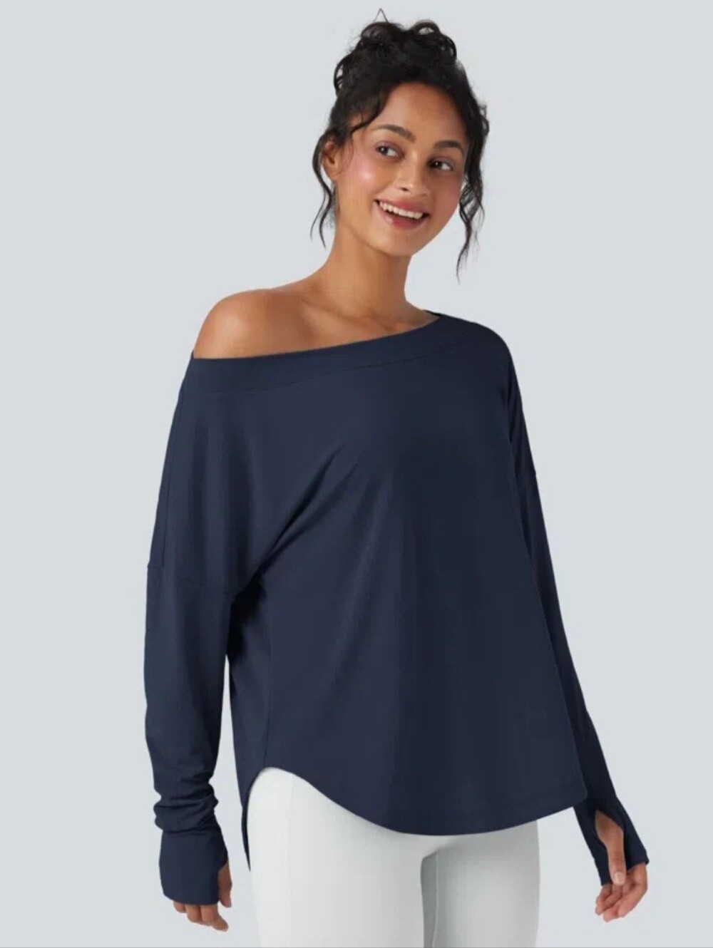Halara One Shoulder Long Sleeve Thumb Hole Curved Hem Top. Size M